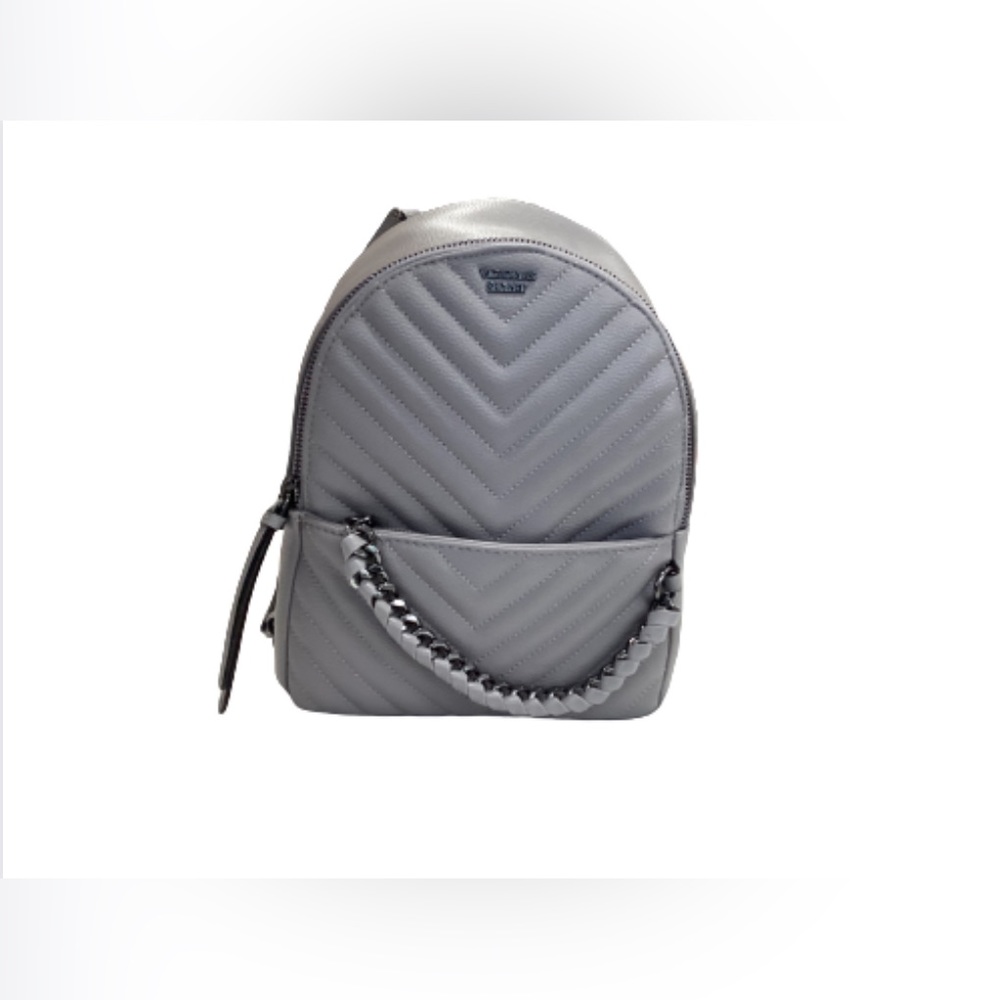 Victoria's Secret Backpack Gray V Embroidered Bag Soft Mini metal Chain Accents